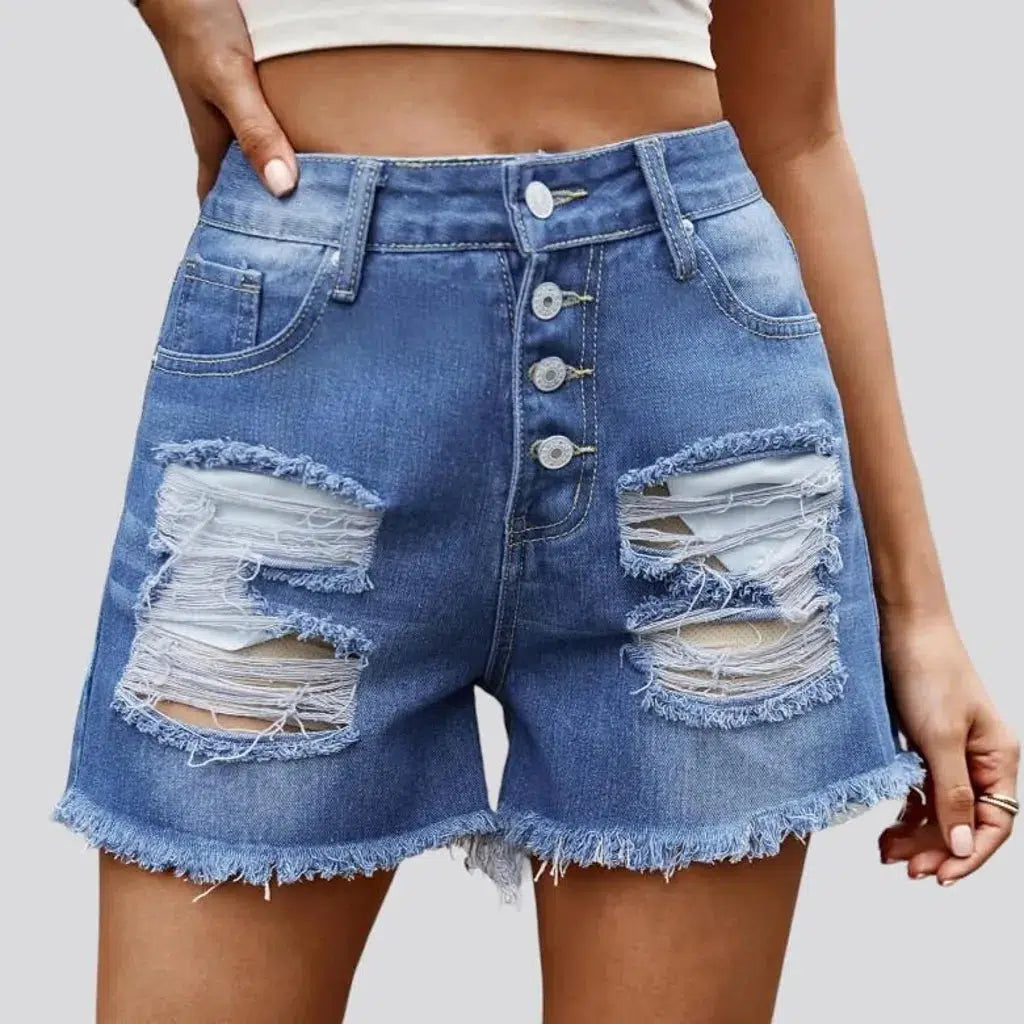 Patched high-waist jean shorts for women