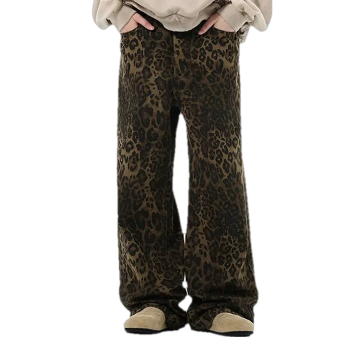 Slouchy Animal Print Mid Rise Men's Jean Pants - Brown