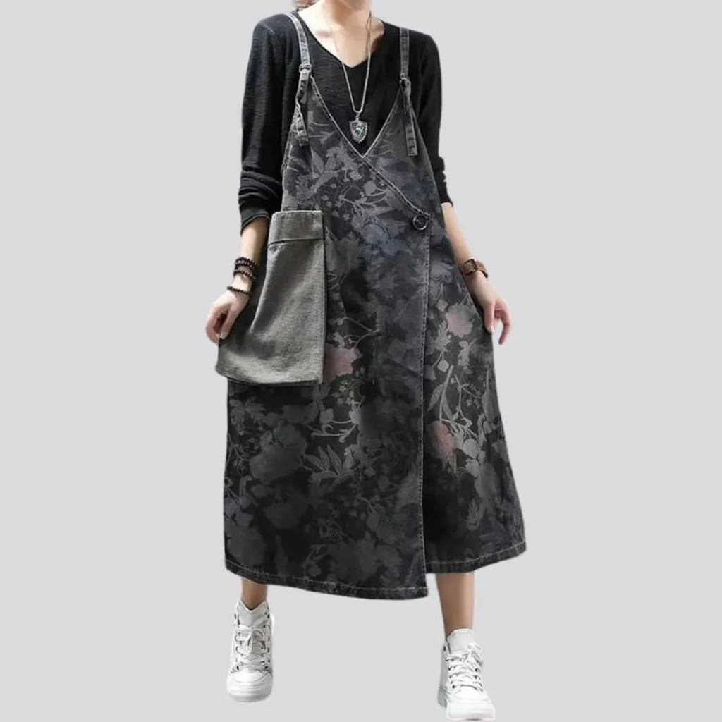Fashion dark floral denim dress